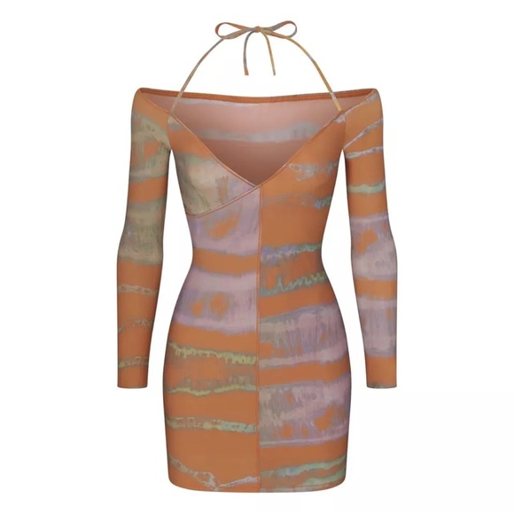 SKIMS JELLY SHEER OFF THE SHOULDER halter medium MINI DRESS bodycon long sleeve - Picture 1 of 5